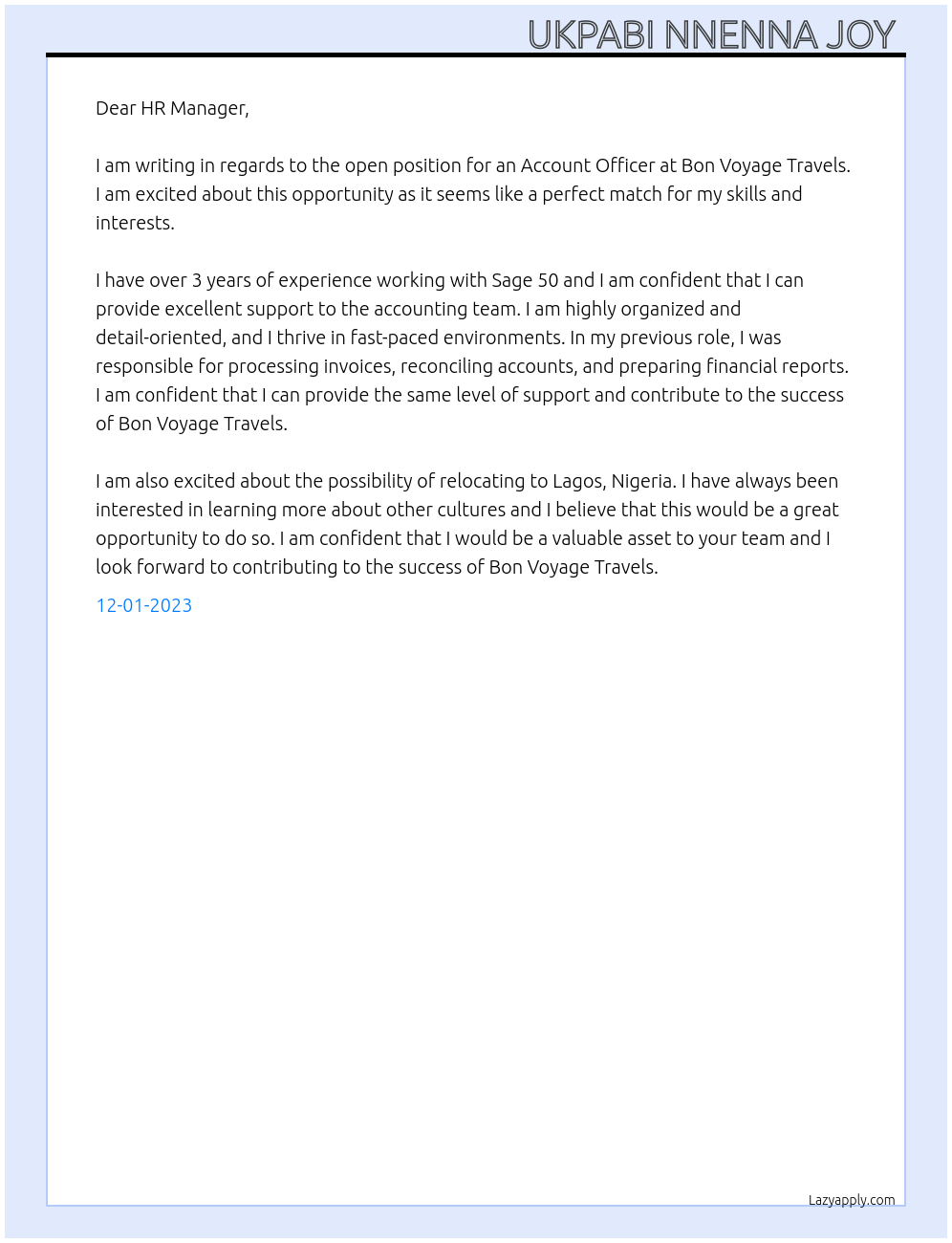 ACCOUNT OFFICER At BON VOYAGE TRAVELS Cover Letter