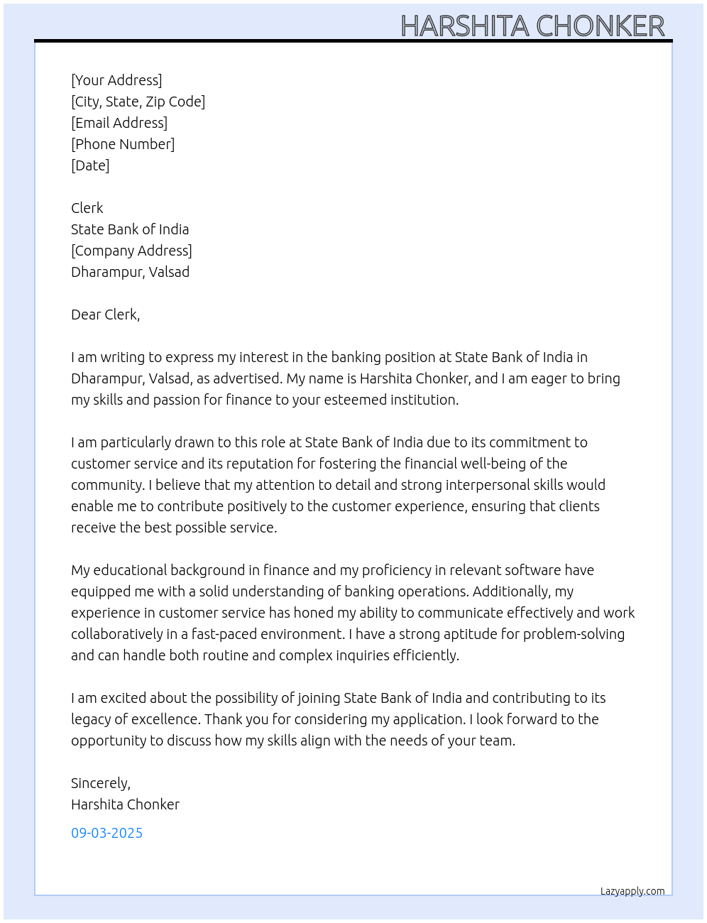 Cover letter for bank - LazyApply