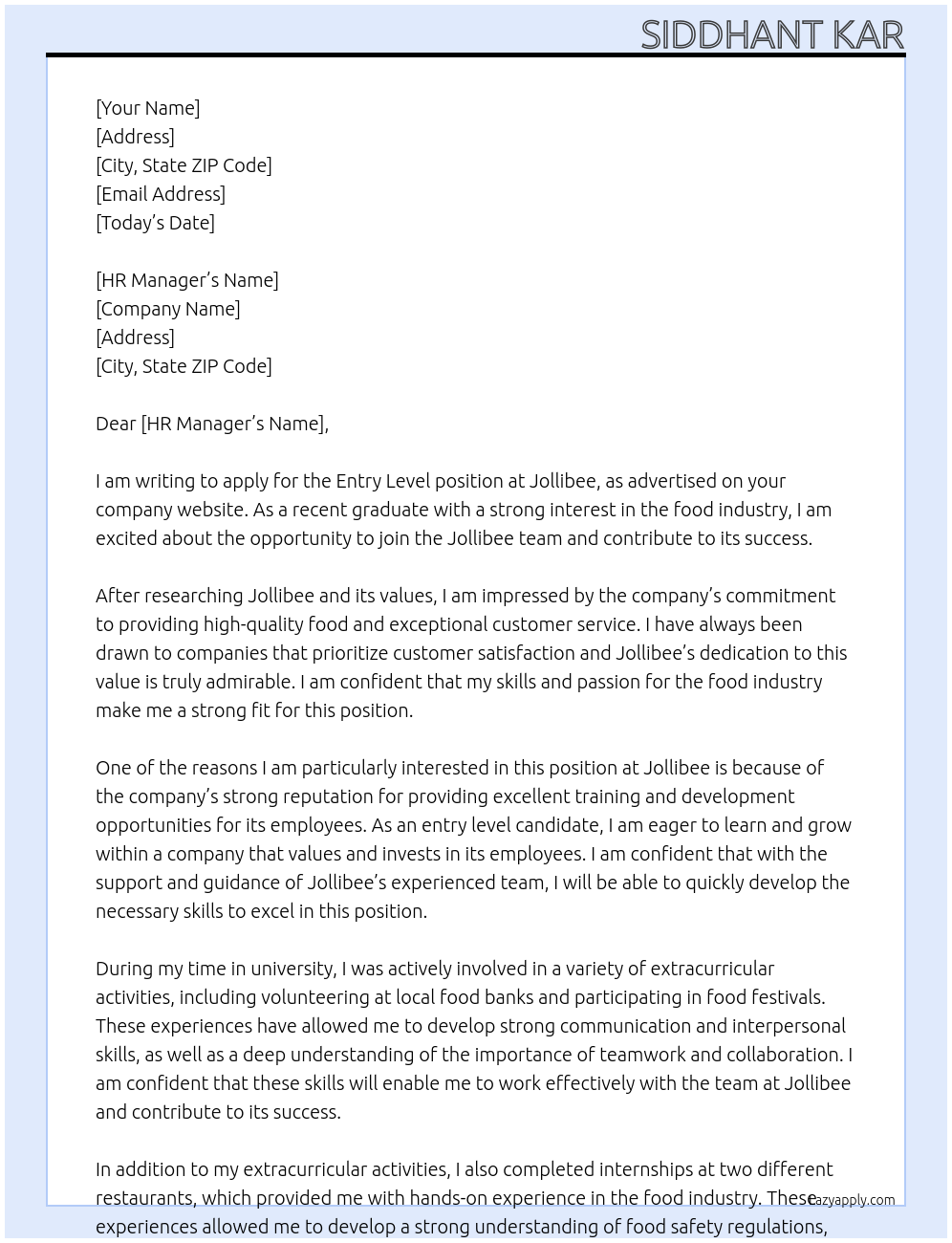 entry level  At jollibee Cover Letter