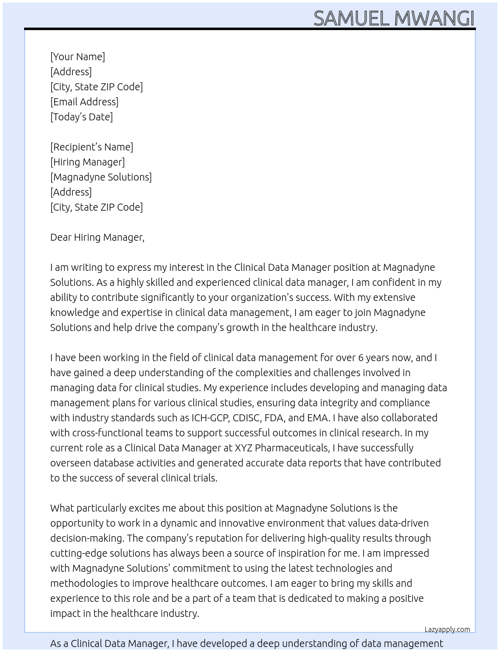 Cover letter for clinical data manager - LazyApply