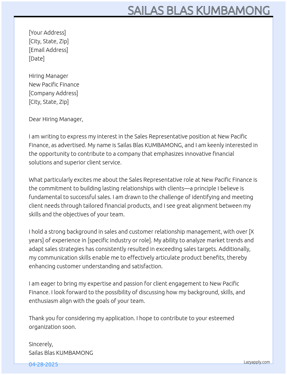 Sales Representative At New pacific finance Cover Letter