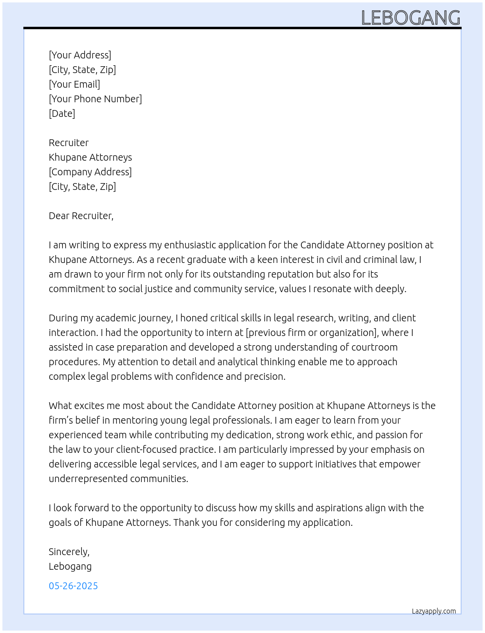 Candidate attorney At Khupane attorneys Cover Letter