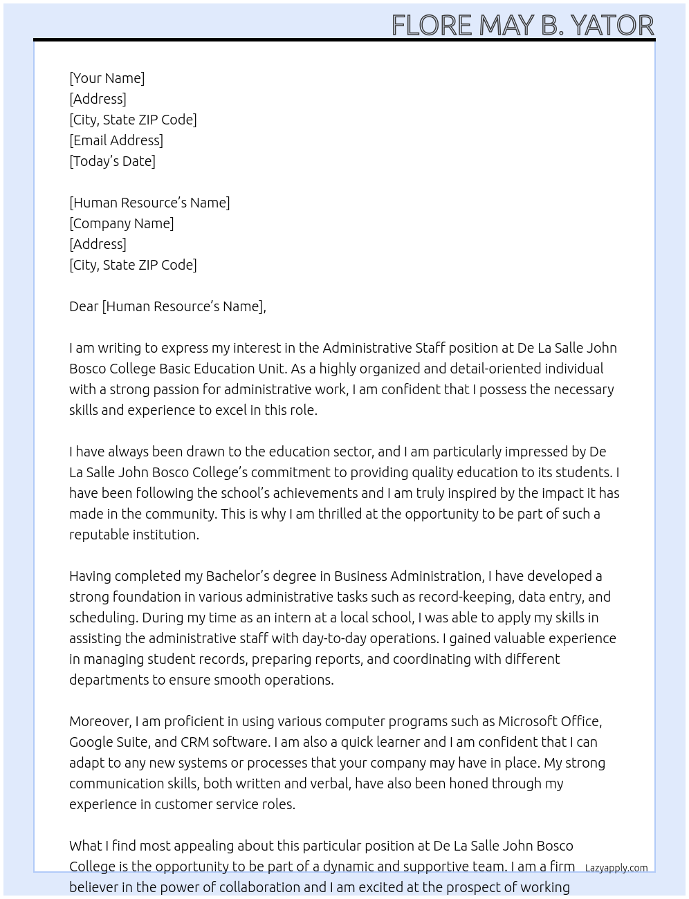 administrative staff At De La Salle John Bosco College Basic Education Unit Cover Letter