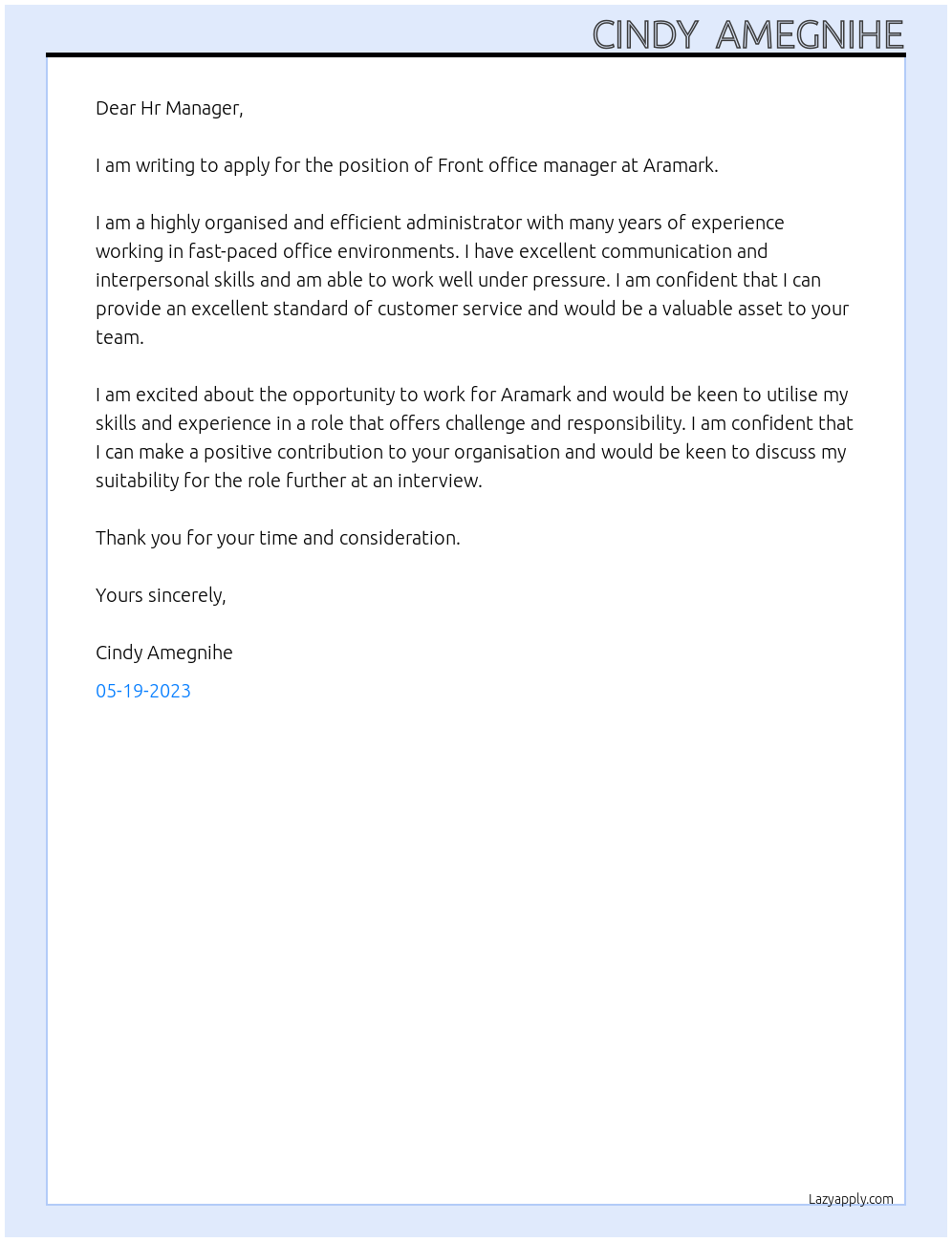 Front office manager At Aramark Cover Letter