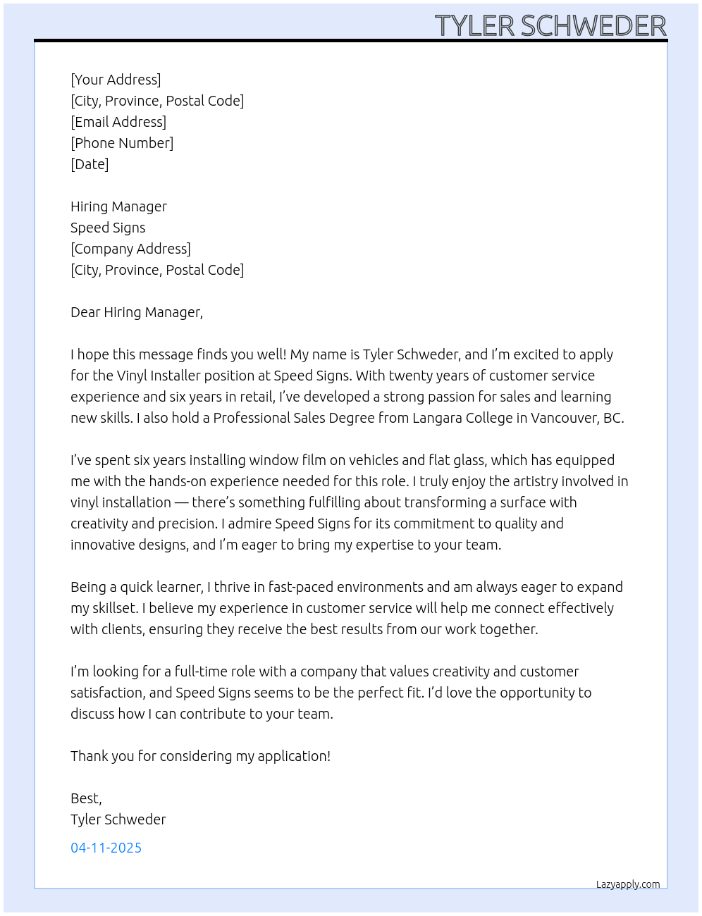 Vinyl Installer At Speed signs Cover Letter