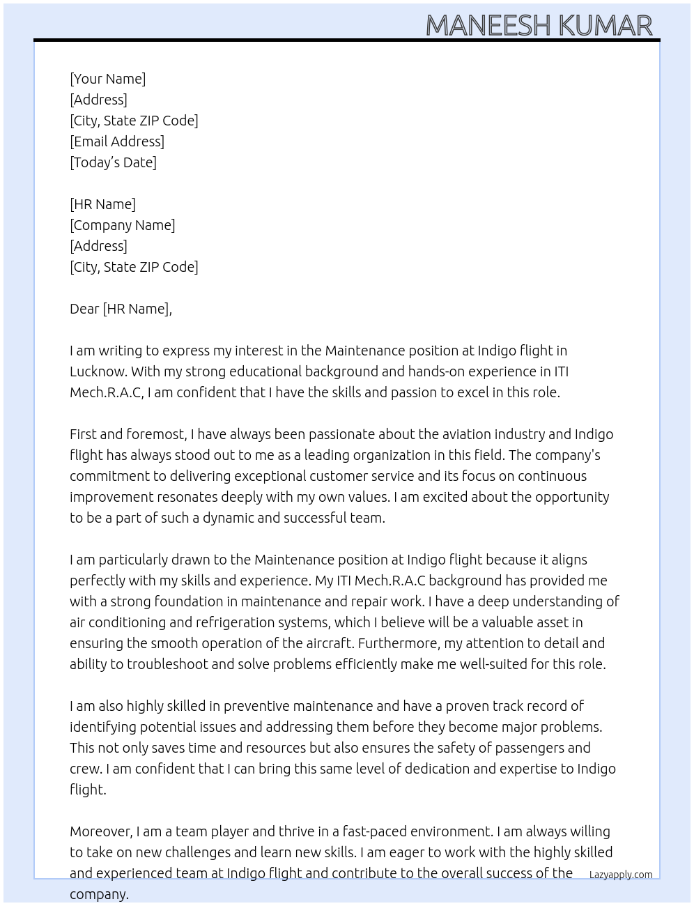 Maintenance  At Indigo flight  Cover Letter