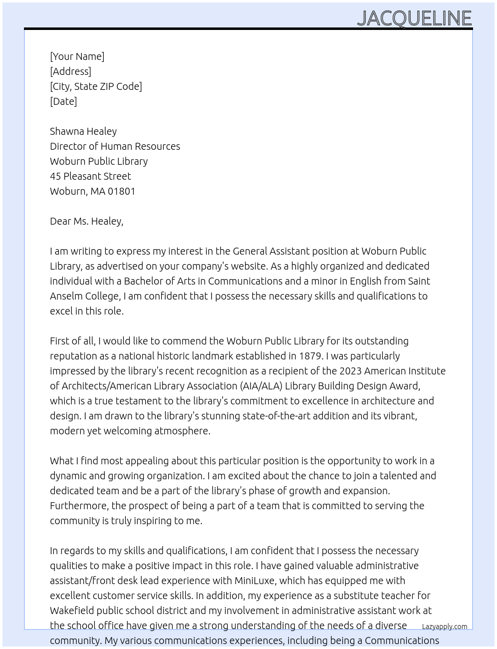 General Assistant At Woburn Public Library Cover Letter