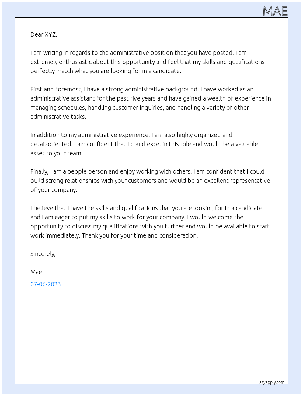 Administrative At XYZ Cover Letter