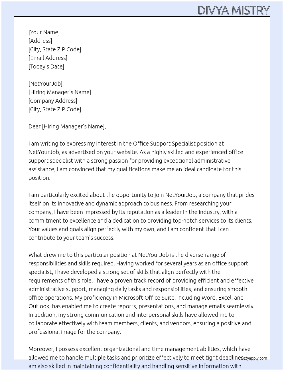 Office Support Specialist At NetYourJob Cover Letter