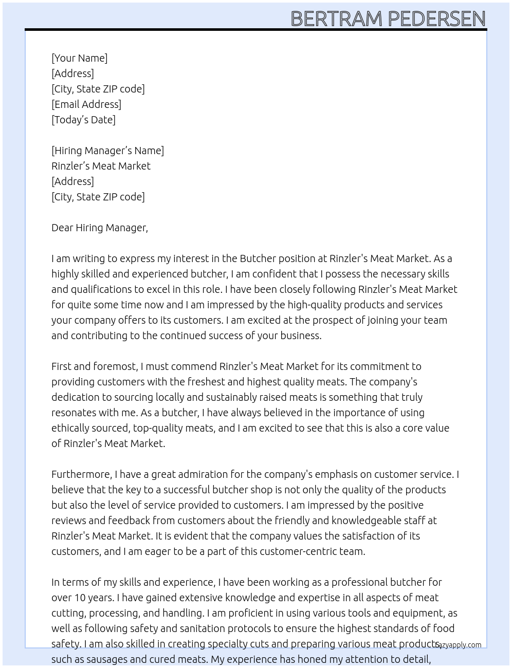 Butcher At Rinzler's Meat Market Cover Letter