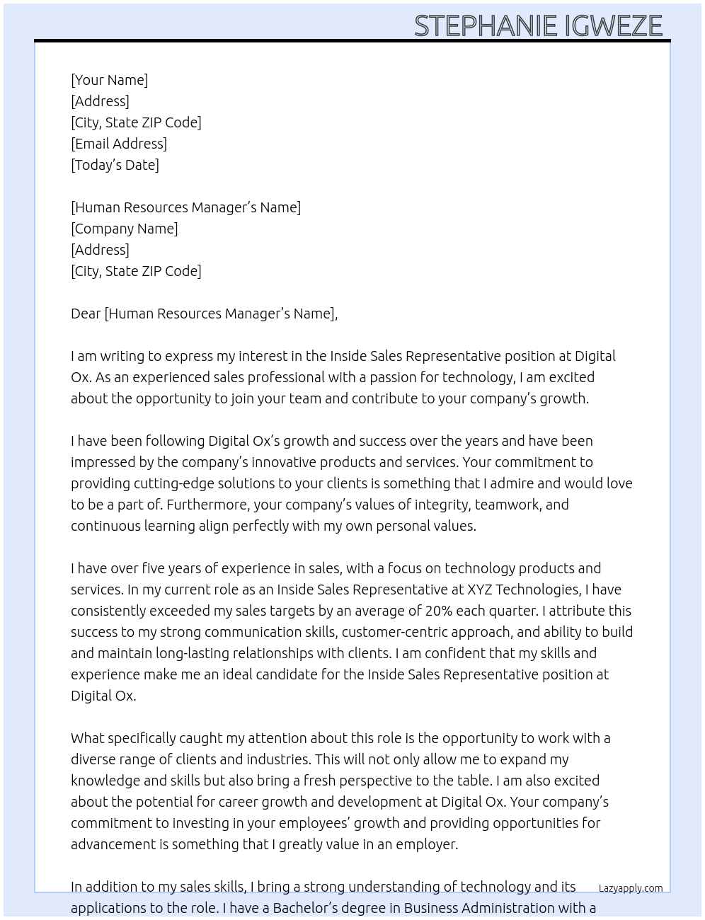 Inside sales representative  At Digital ox  Cover Letter