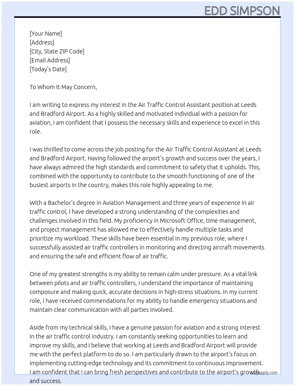 Air Traffic Control Assistant  At Leeds And Bradford Airport Cover Letter