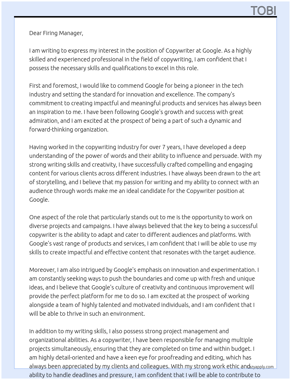 COPYWRITER At GOOGLE Cover Letter