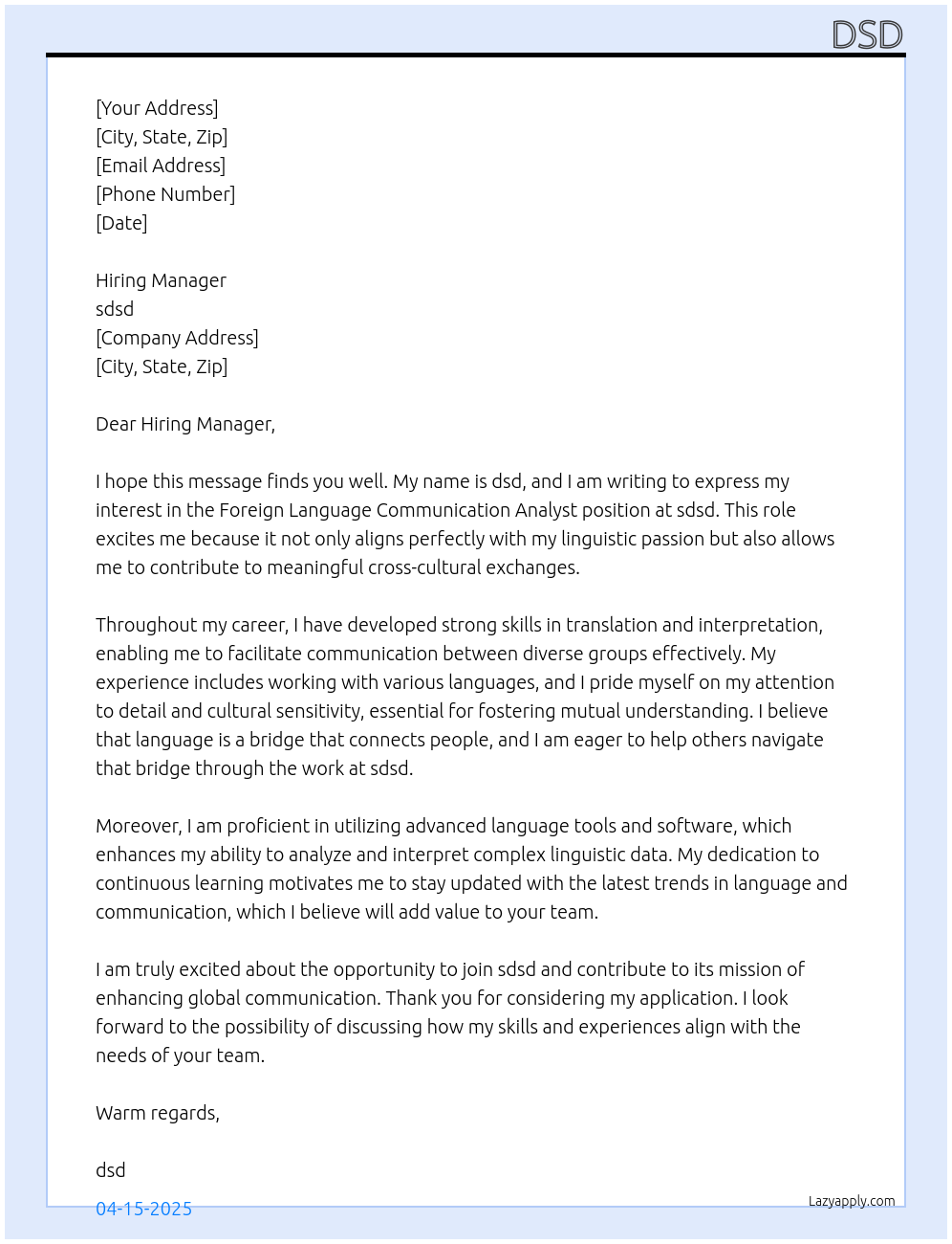 Cover letter for foreign language communication analyst - LazyApply