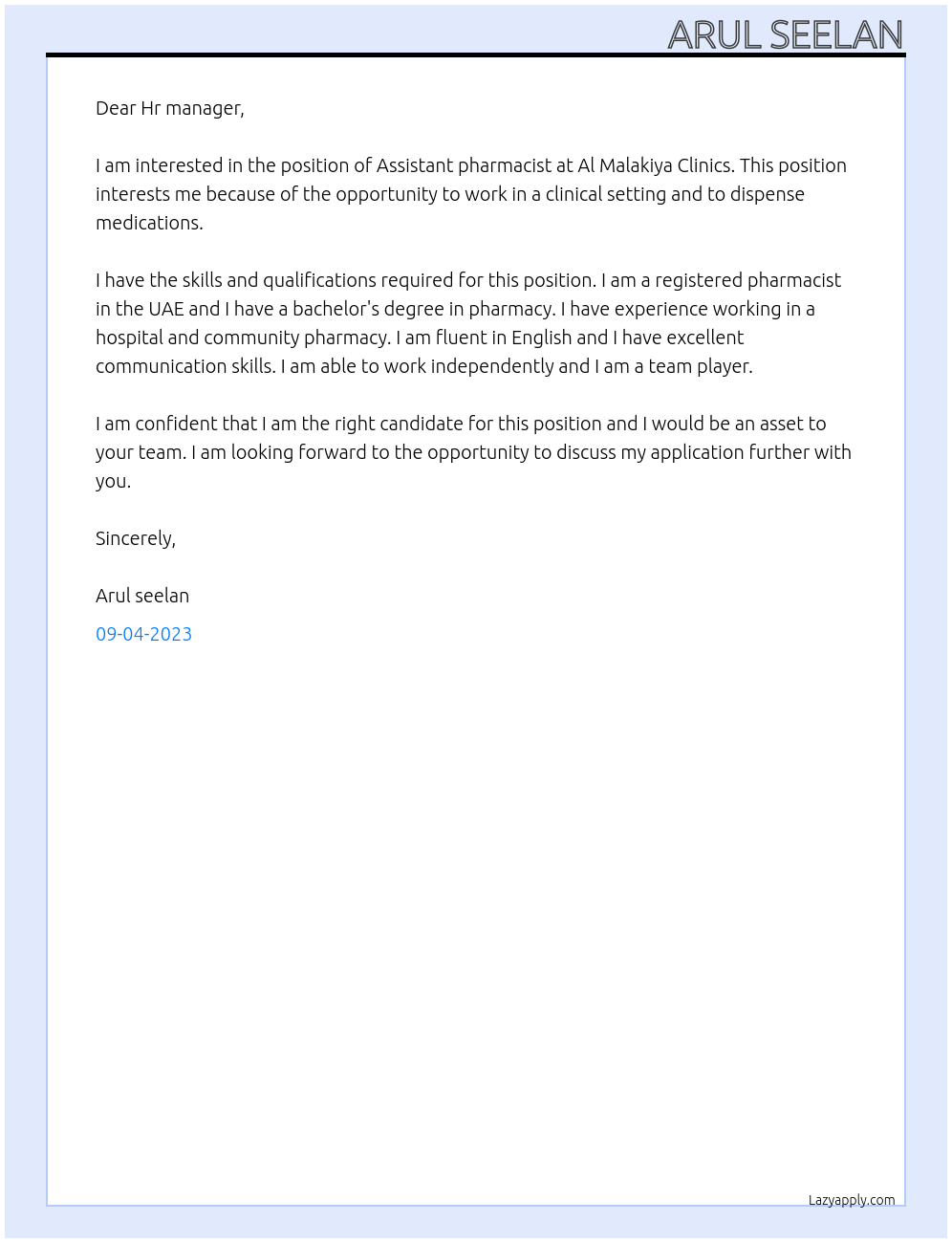 Assistant pharmacist At Al Malakiya Clinics Cover Letter