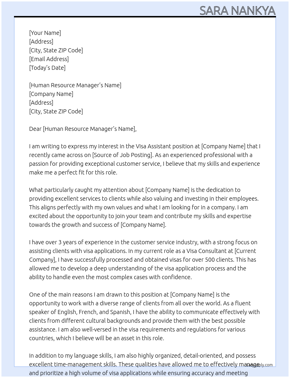 Visa Assistant At XXX Cover Letter