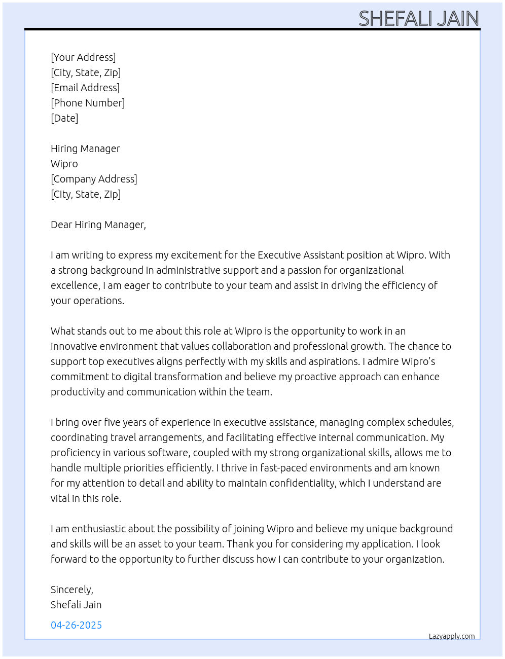 Executive Assistant At Wipro Cover Letter