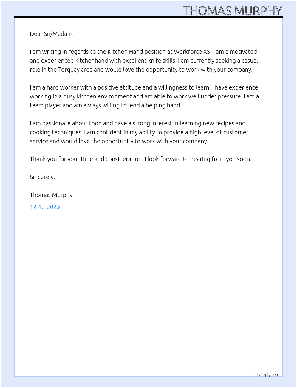Kitchen Hand At Workforce XS Cover Letter