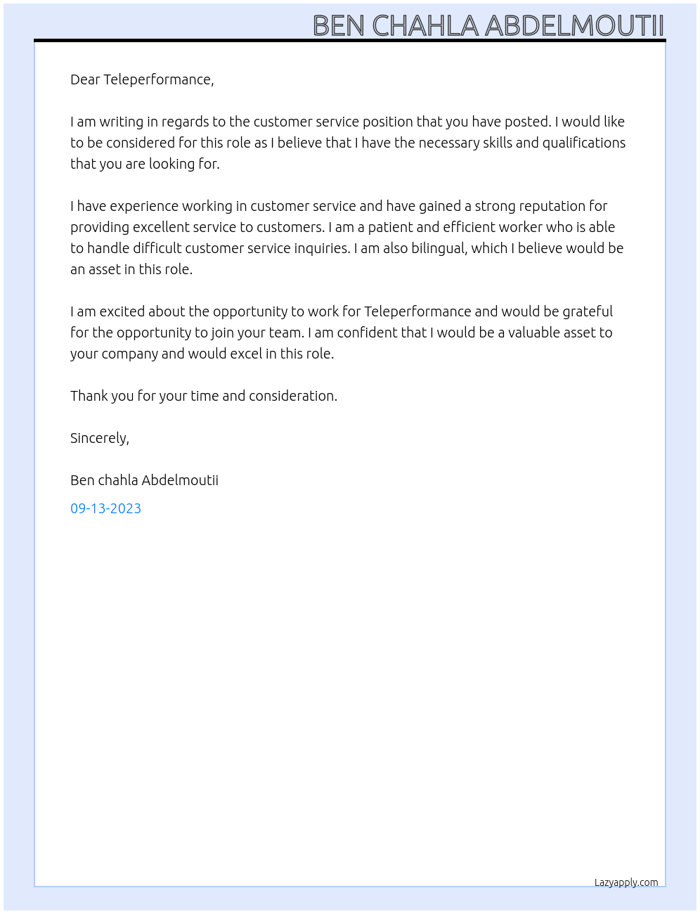 Costumer service At Teleperformance Cover Letter