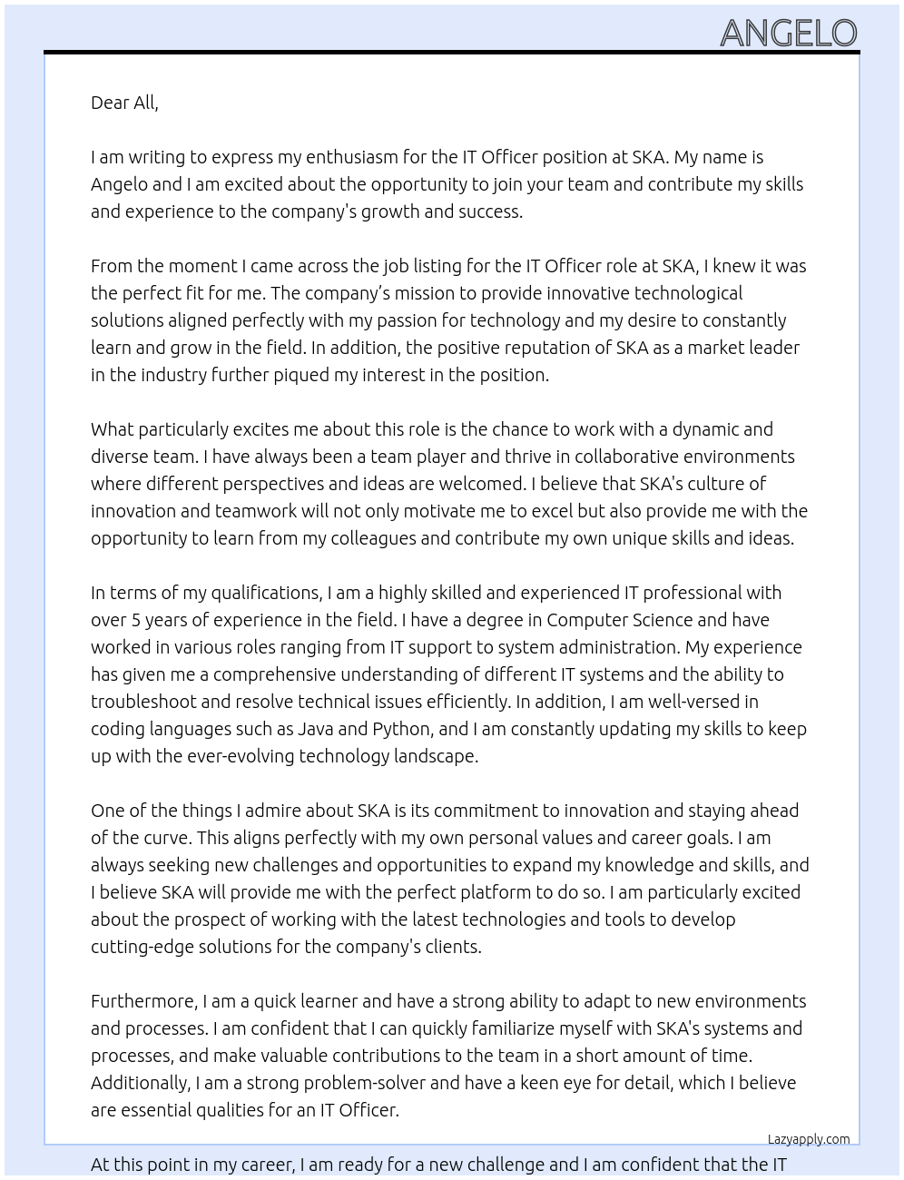 IT Officer At SKA Cover Letter