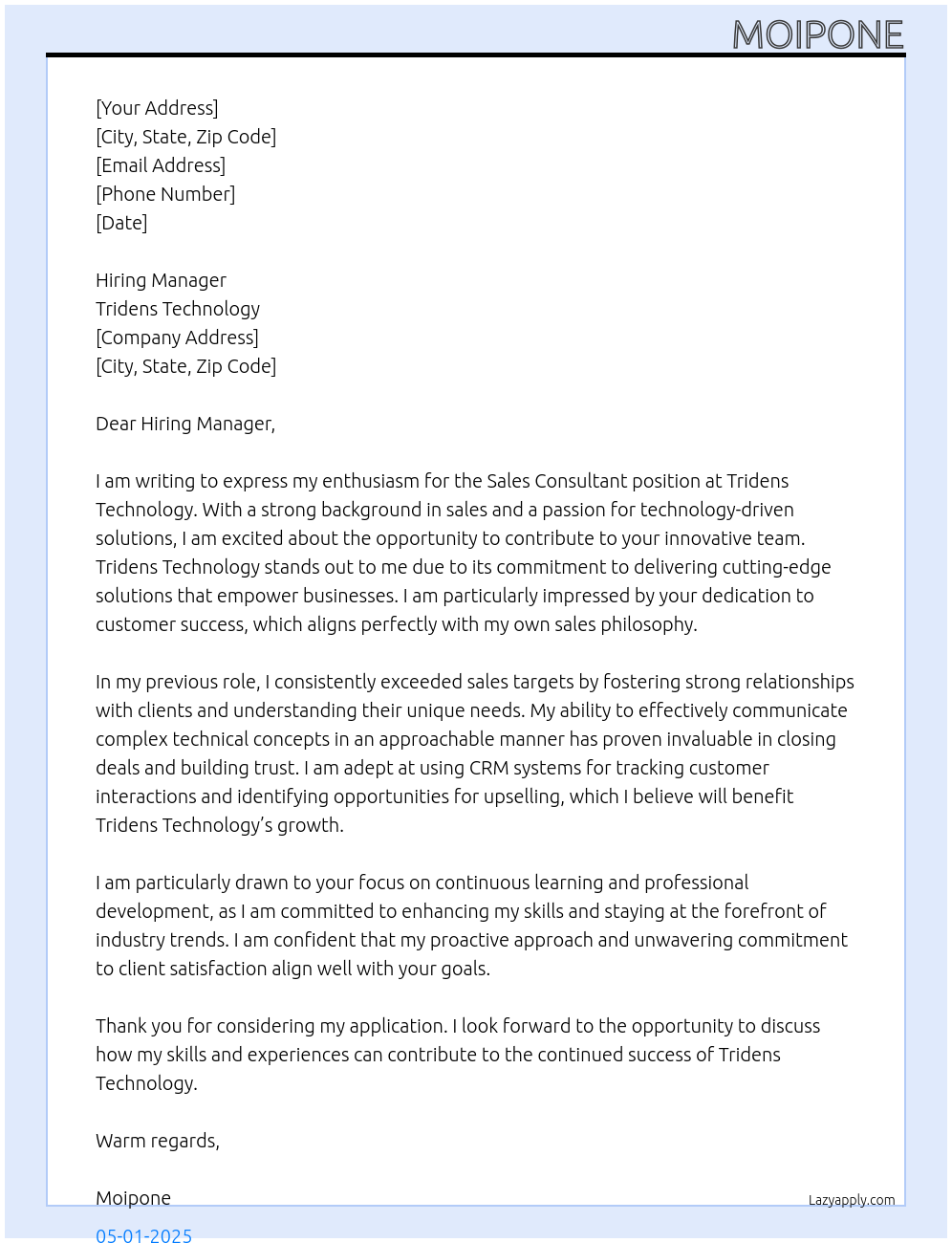 sales consultant At tridens technology Cover Letter