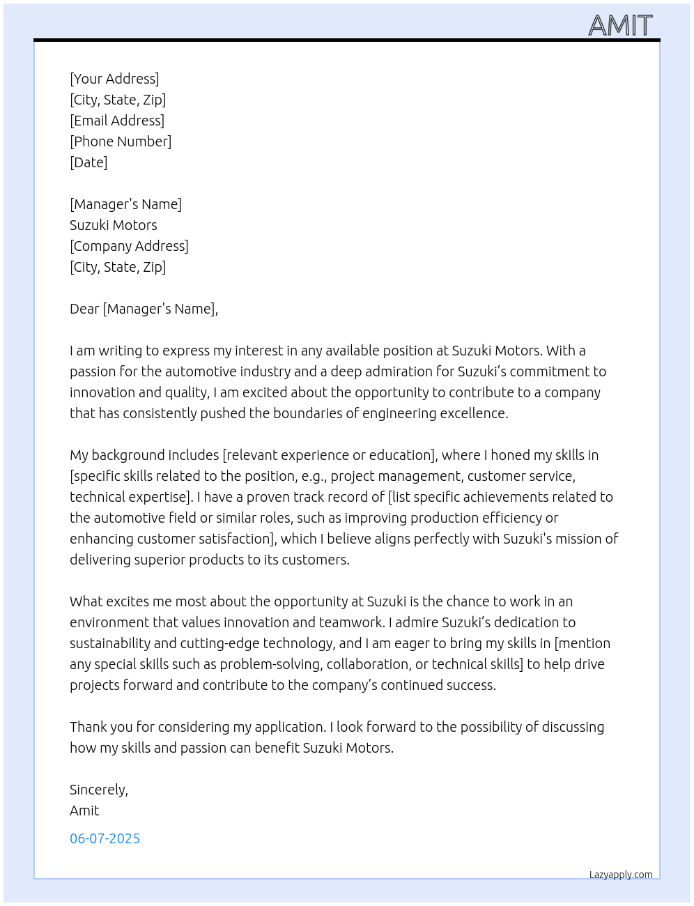 Any job At Suzuki motors Cover Letter