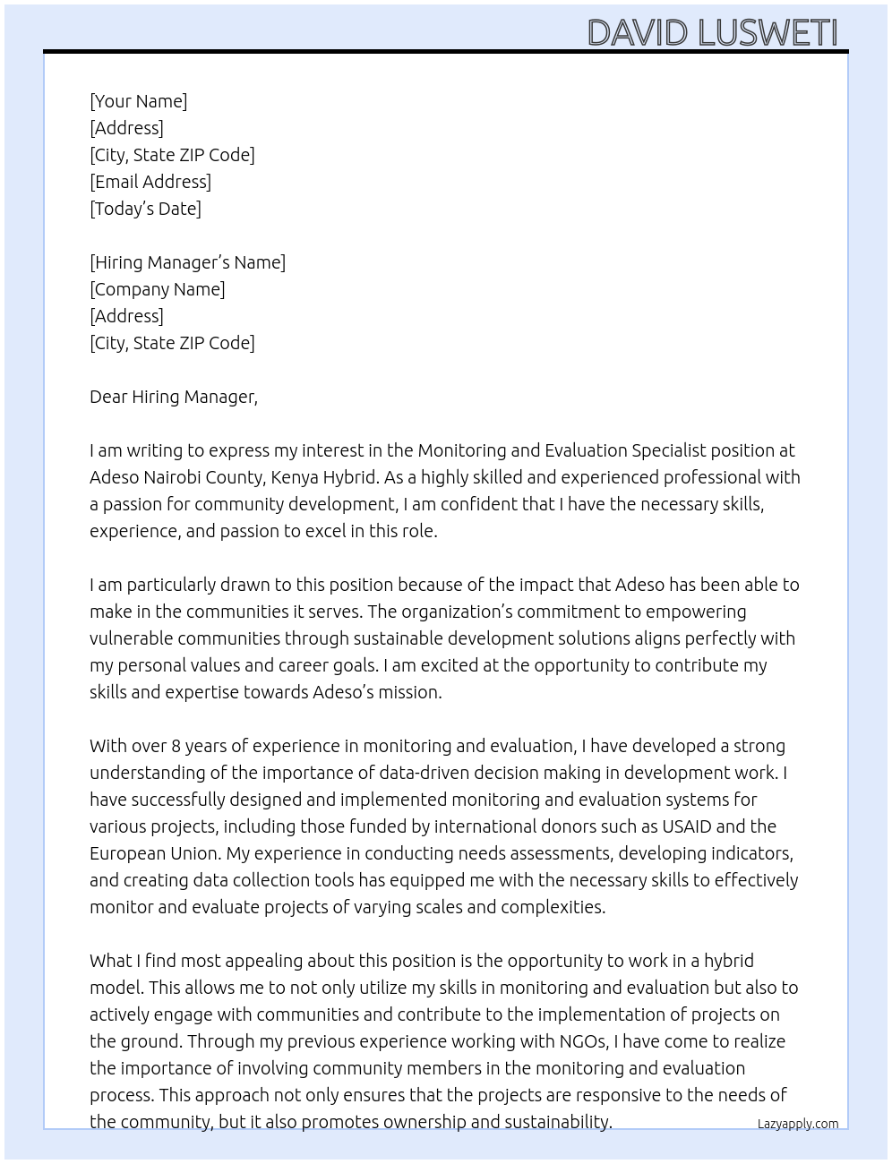 Monitoring And Evaluation Specialist At Adeso Nairobi County, Kenya Hybrid Cover Letter