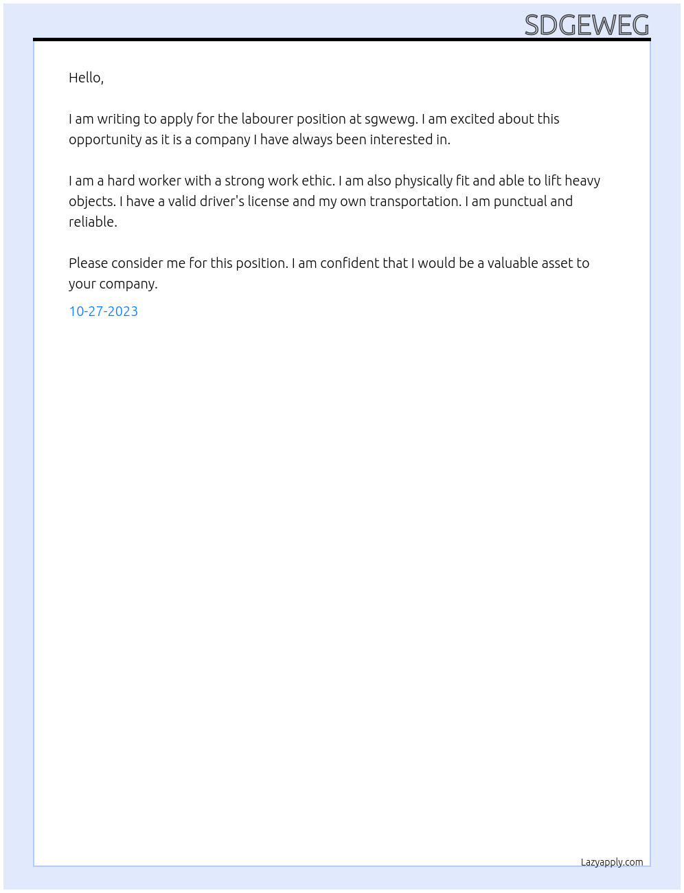 Labourer At sgwewg Cover Letter