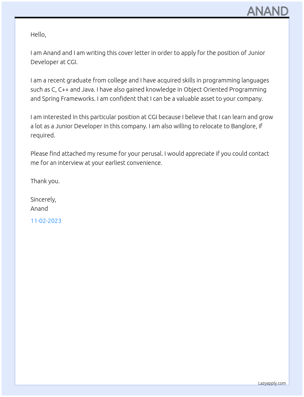 Junior Developer At CGI Cover Letter