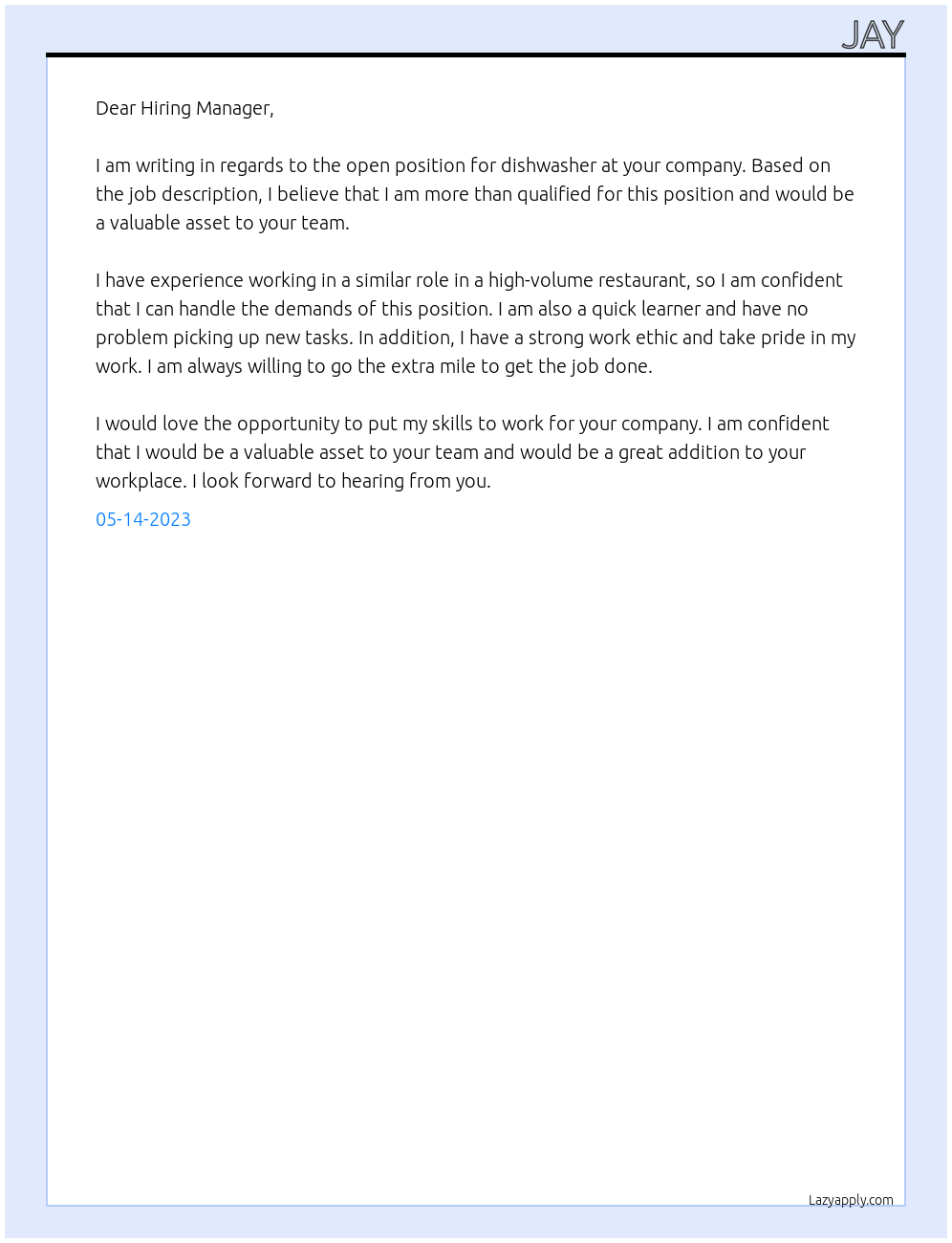 Dishwasher At ABCD COMPANY Cover Letter