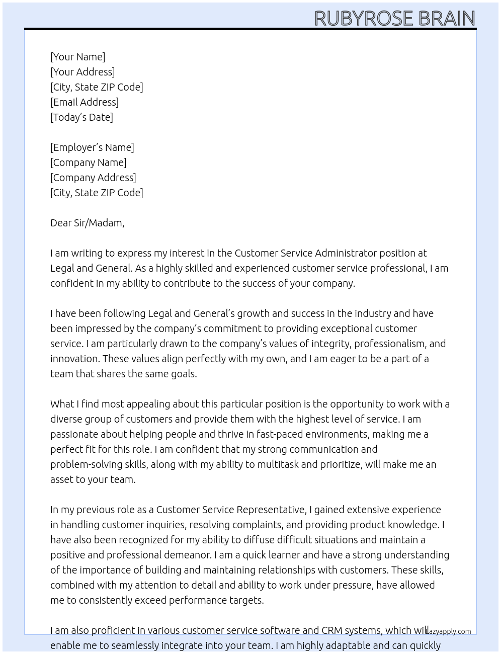 Customer Service Administrator At Legal and General Cover Letter