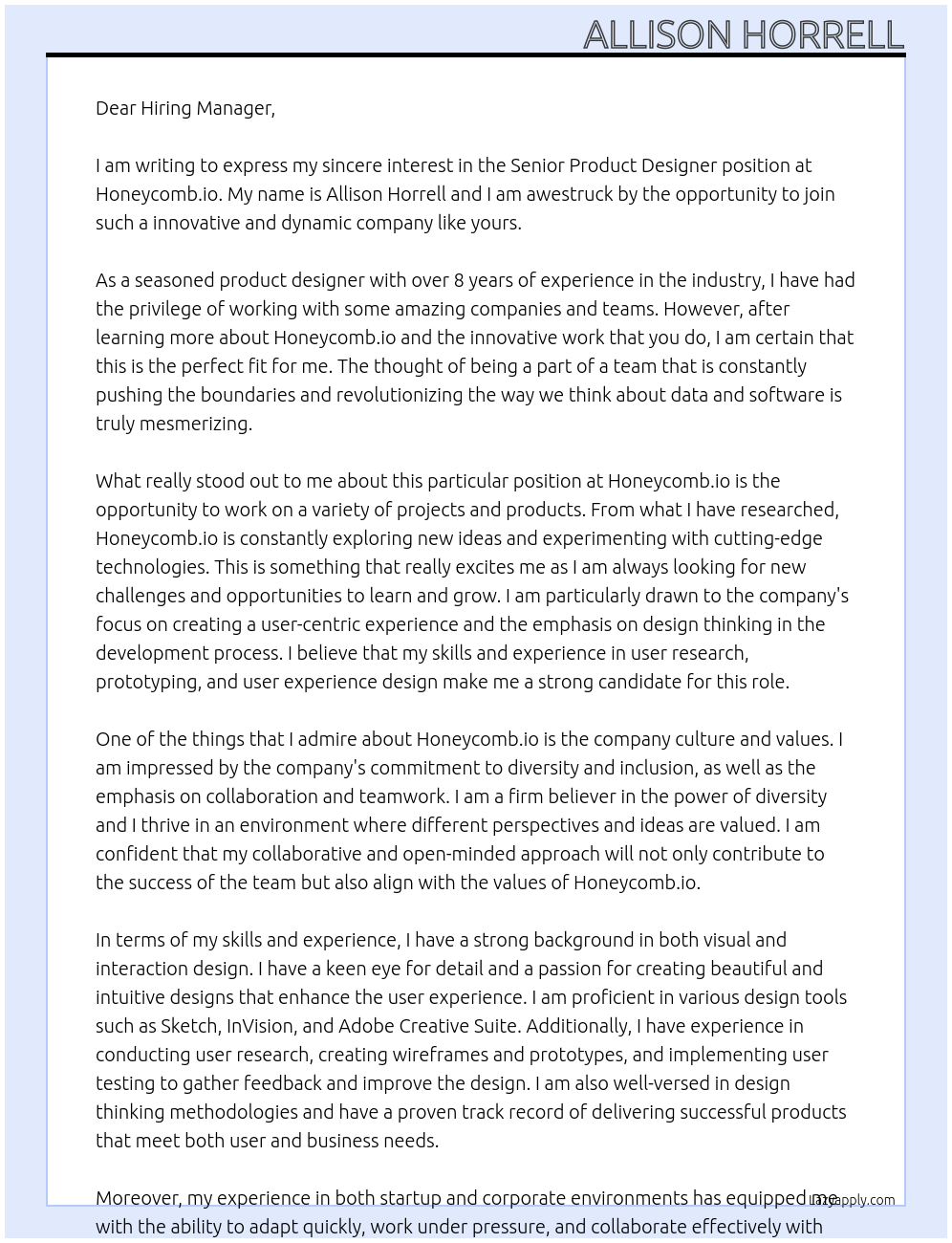 Senior Product Designer At Honeycomb.io Cover Letter