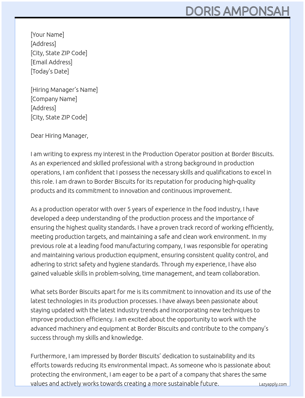 Production OPerator At Border Biscuits Cover Letter