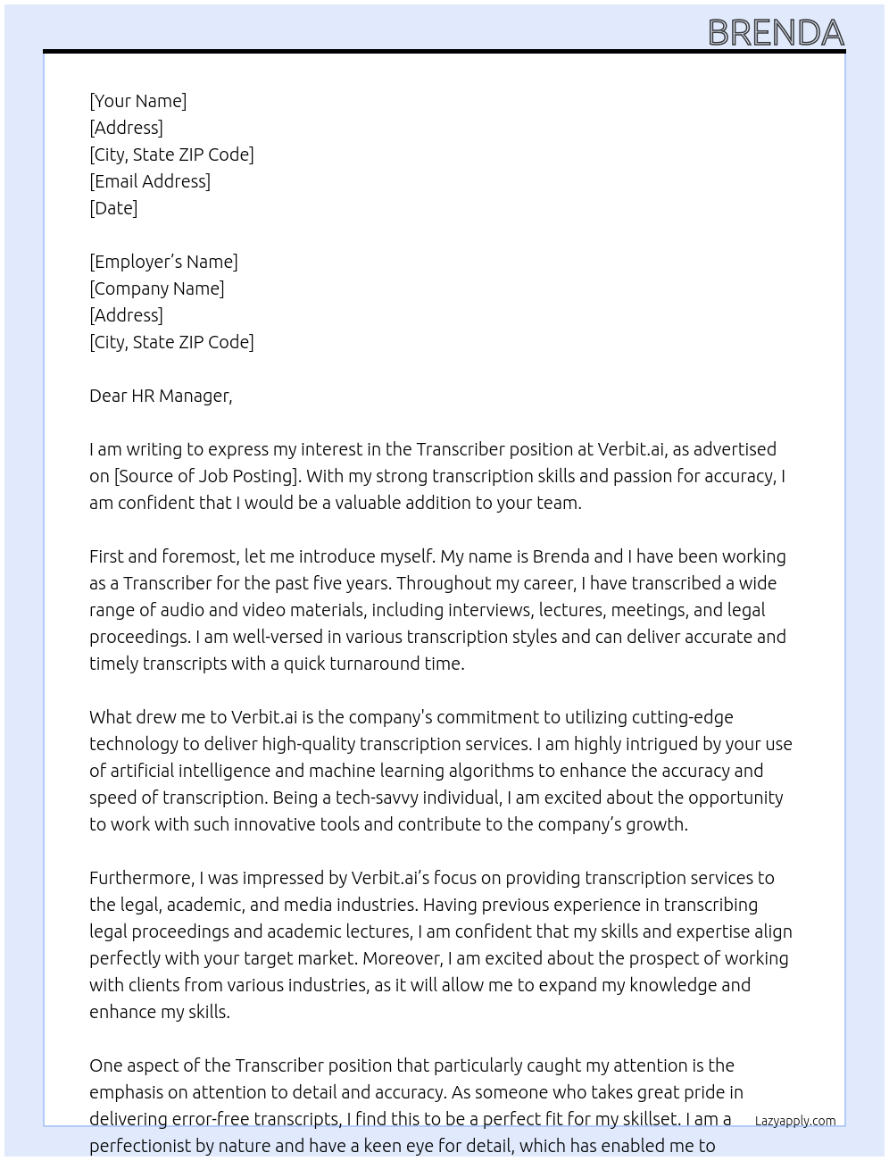 Transcriber At Verbit.ai Cover Letter