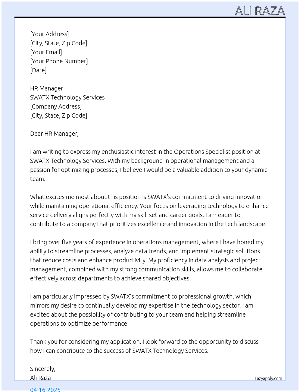 Operations Specialist At SWATX Technology Services Cover Letter