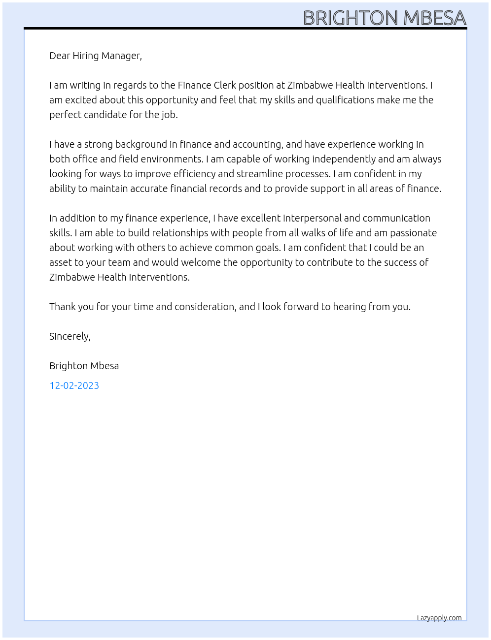 Finance Clerk At Zimbabwe Health Interventions Cover Letter