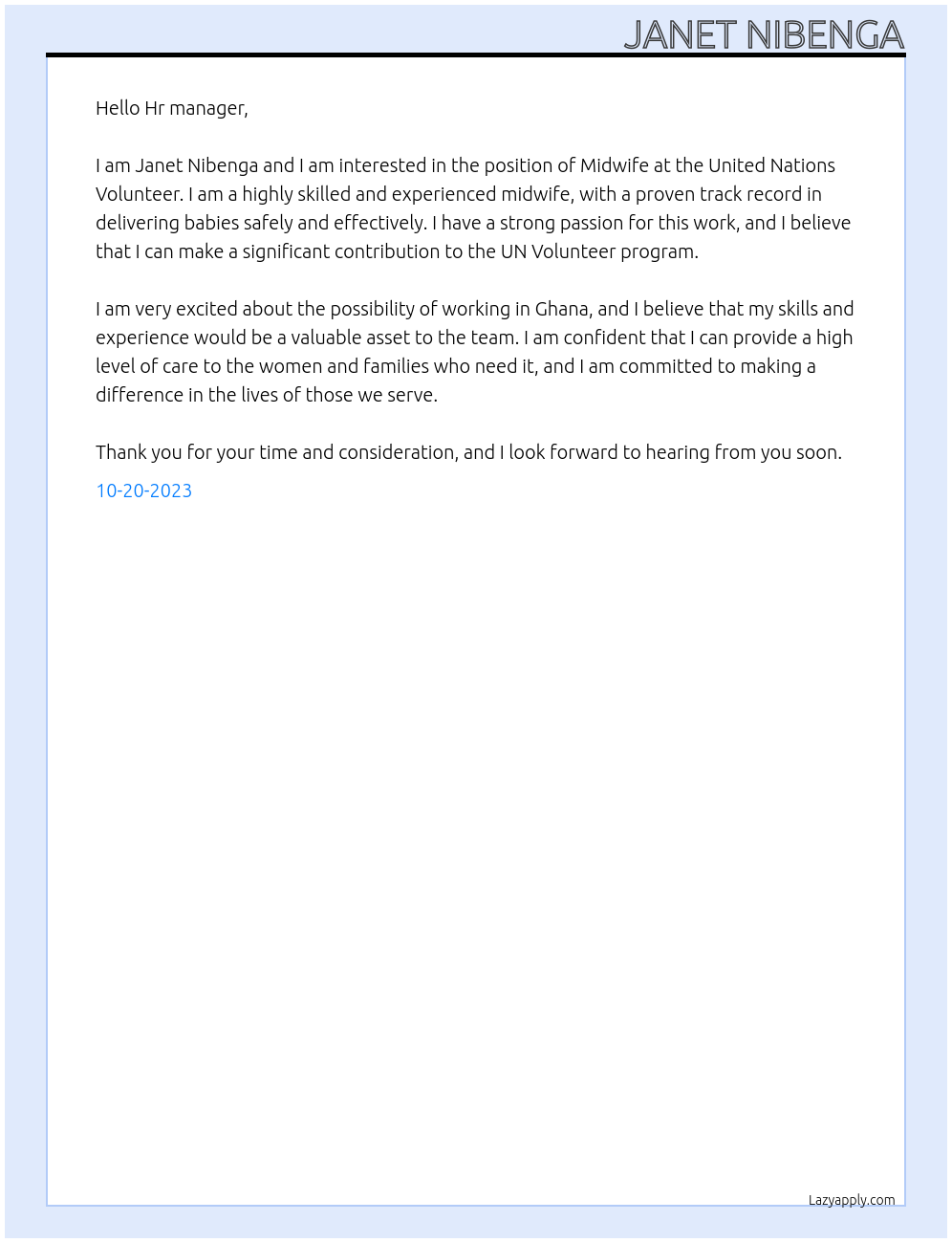 Midwife At United Nations volunteer Cover Letter