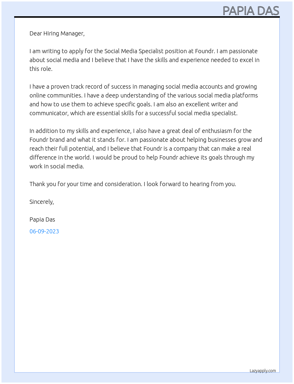 Social Media Specialist At Foundr Cover Letter