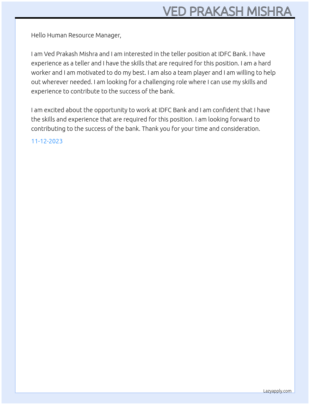Teller At IDFC Bank Cover Letter