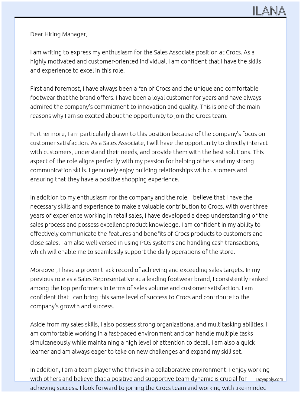 Sales Associate At Crocs Cover Letter