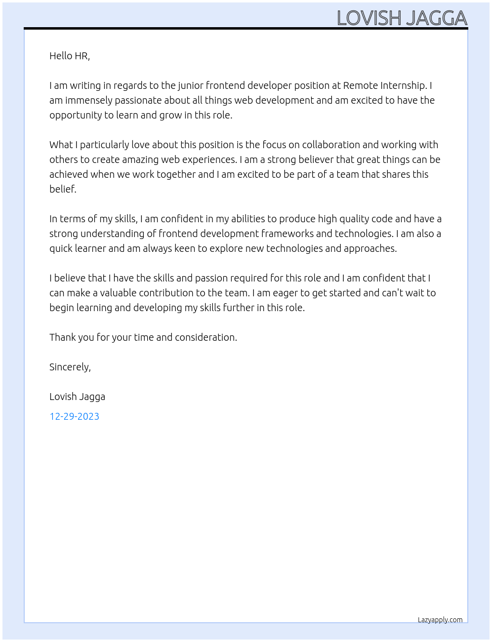 junior frontend developer At Remote Internship Cover Letter