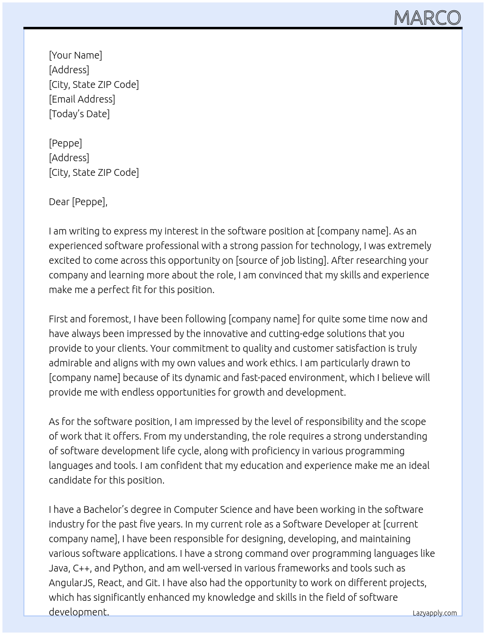 software At peppe Cover Letter