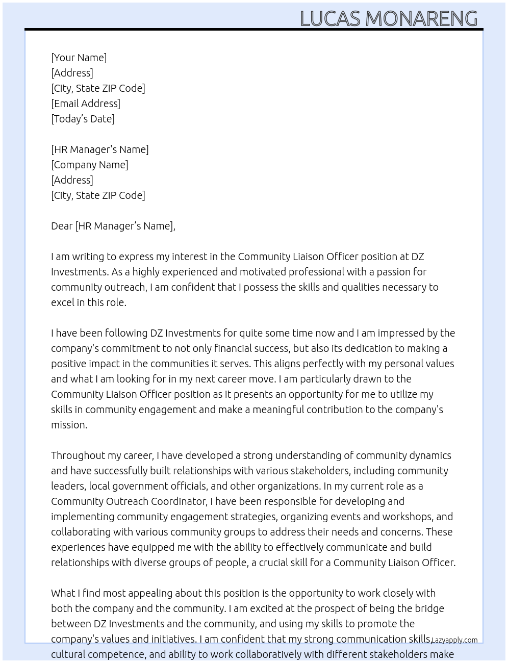 Community liaison officer At DZ Investments Cover Letter