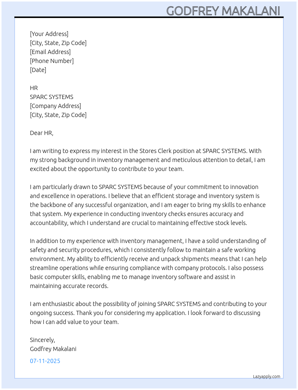 Cover letter for stores clerk - LazyApply