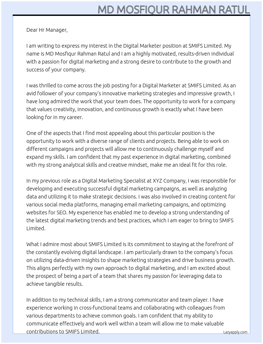 Digital MArketer At SMIFS Limited Cover Letter