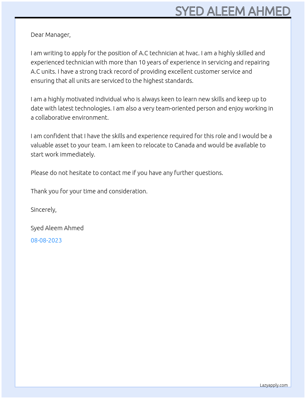 A.C technician At hvac Cover Letter