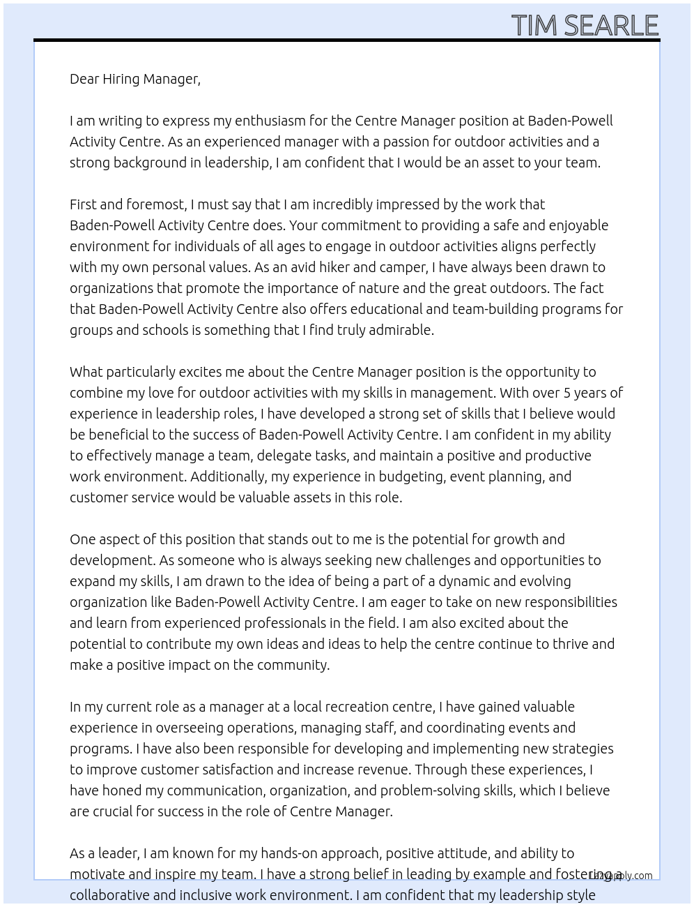 Centre Manager At Baden-Powell Activity Centre Cover Letter