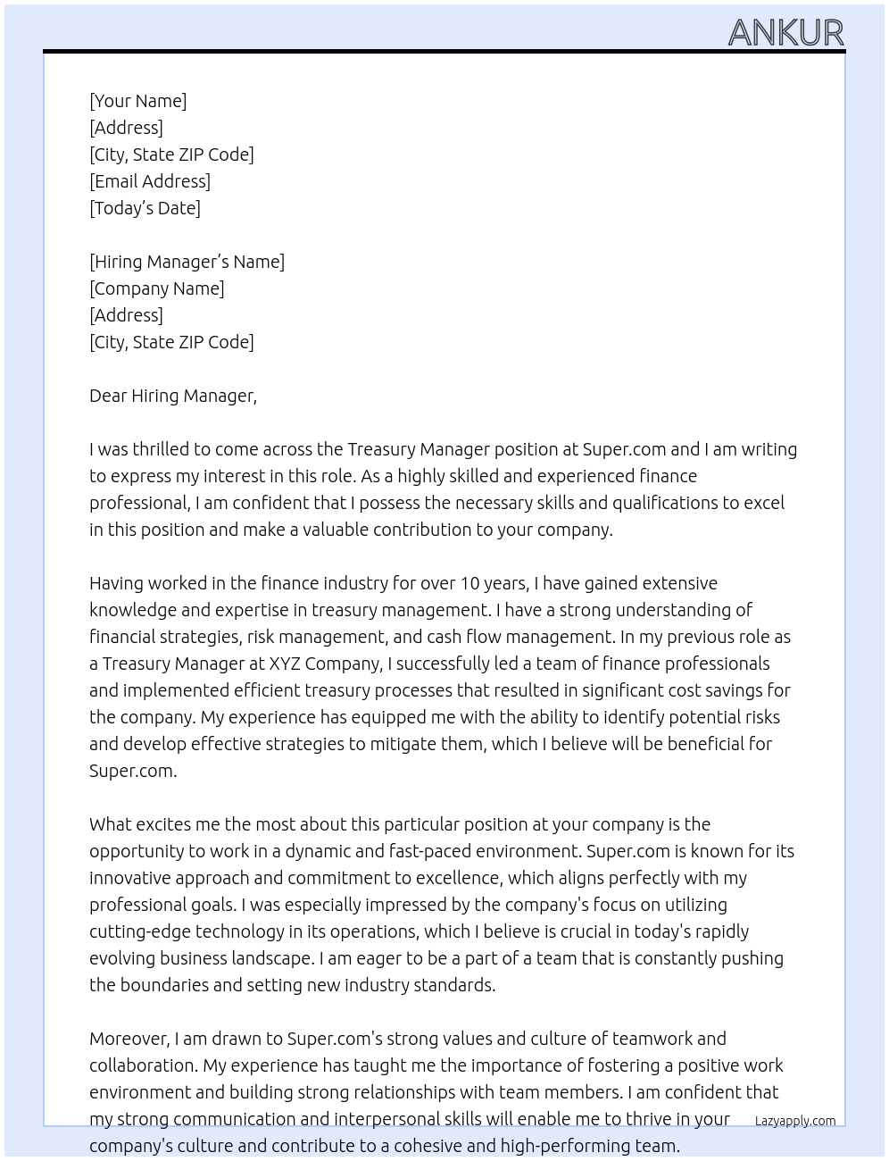 Treasury Manager At Super.com Cover Letter