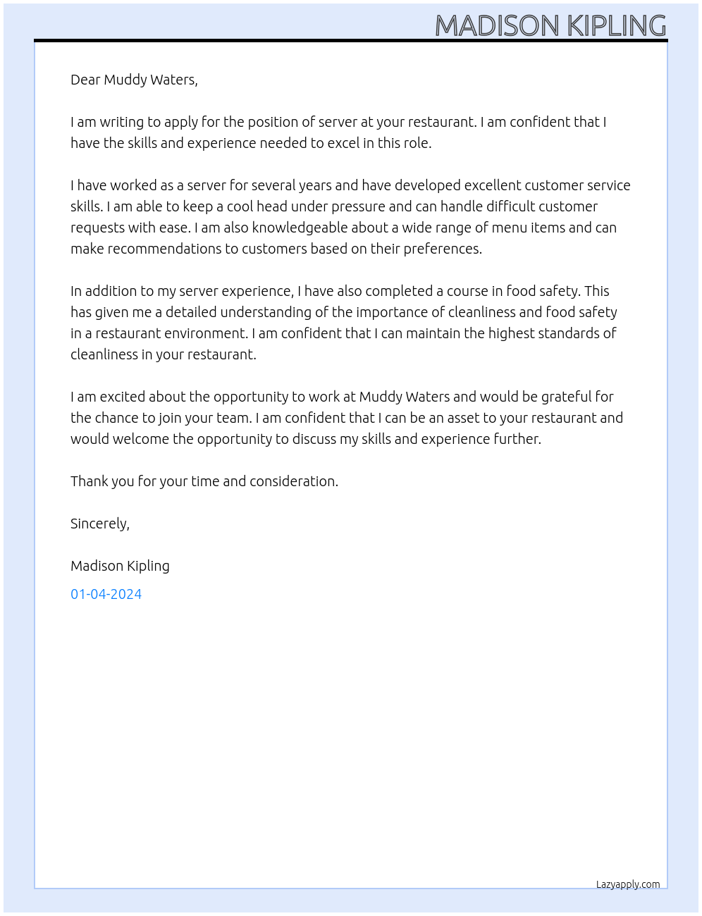 Server At Muddy Waters Cover Letter