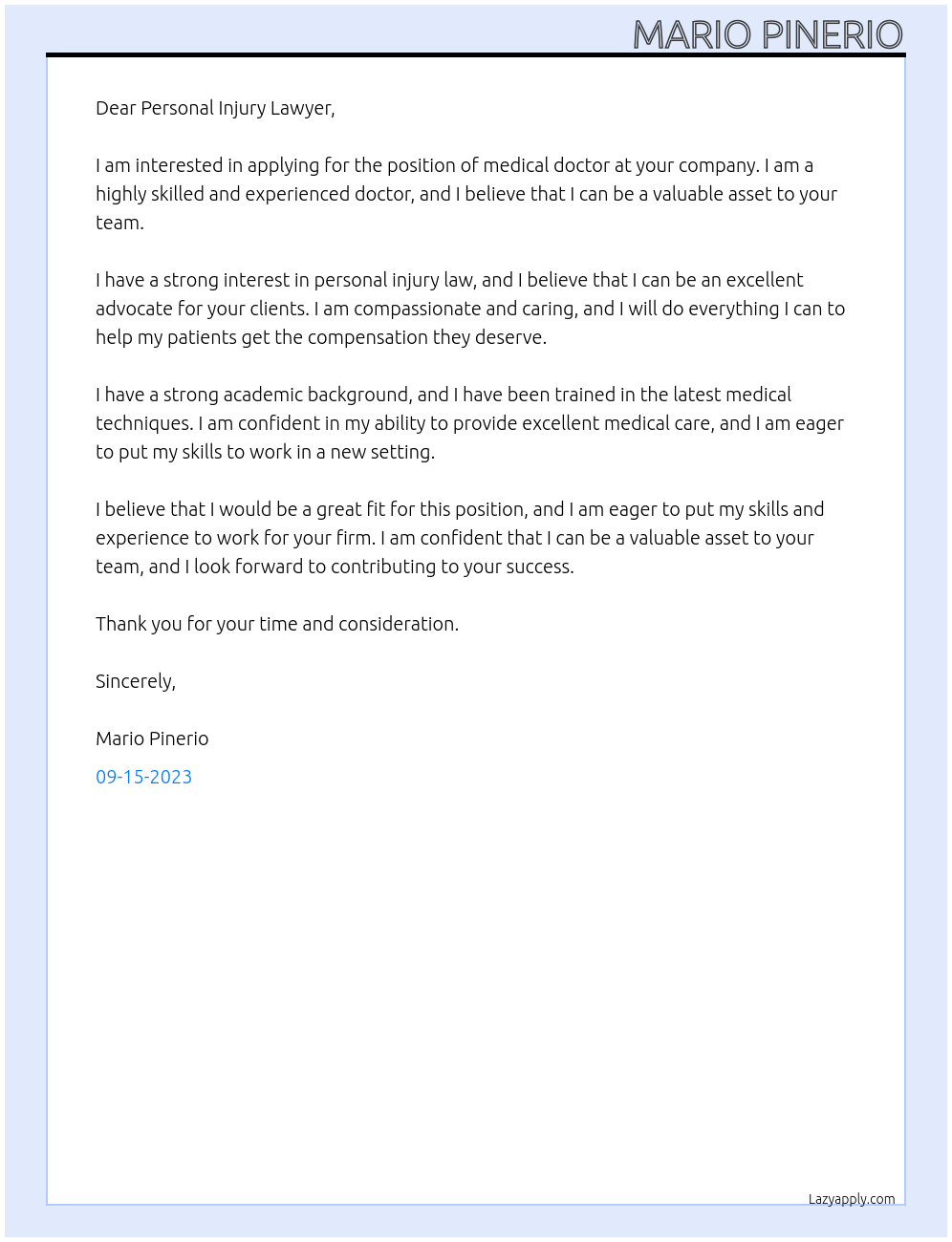 medical doctor At personal injury lawyer Cover Letter